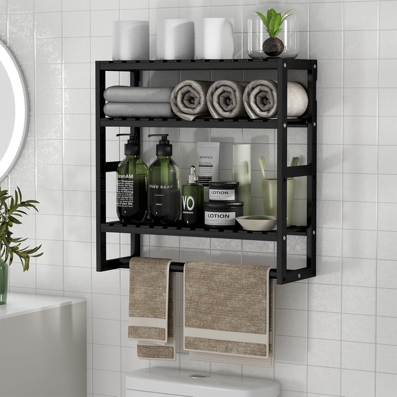 PPN Towel Rack Bathroom Storage Shelves Over The Toilet with Towel Bar 100% Bamboo Adjustable Height Floating Shelf Wall Shower Shelf for Small Space Bathroom Kitchen Multi Usage (Black-1Pack) - Image 1